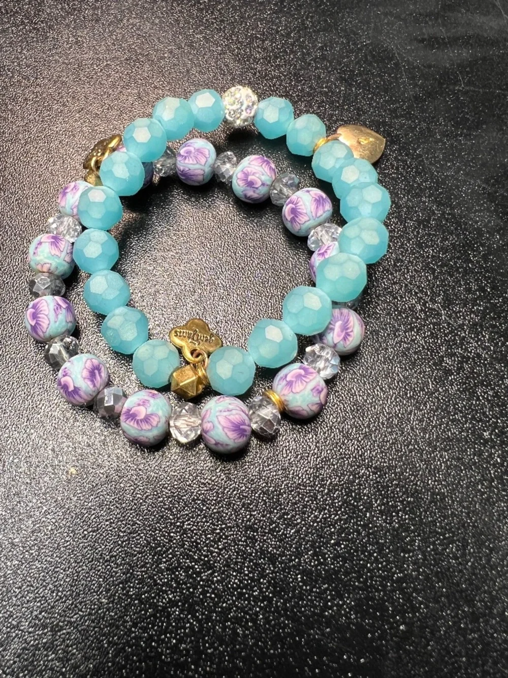 Erimish Gem Jams Kids Beaded Stretch Bracelet Stack 2pc Set Floral & Sea Blue